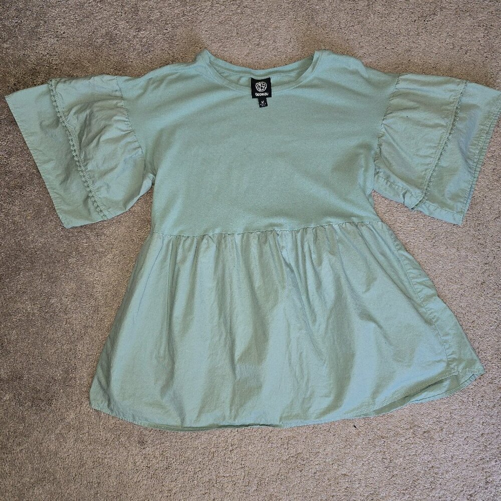 Bobeau Mixed Media Babydoll Tee T-shirt Ruffled Teal Green Shirt Top $52